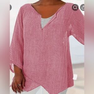 Pink Tunic Top with V-neck and Angled Bottom, 3/4 Sleeve, Size 2X